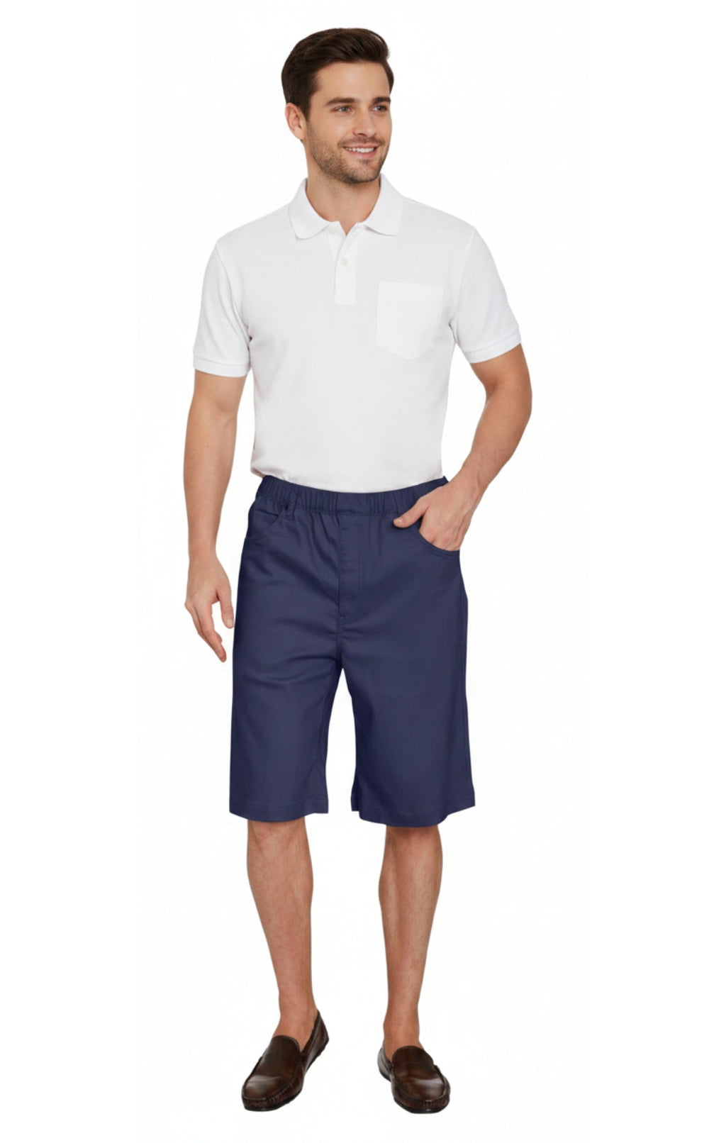 Men's Stretch Waist Pull On Shorts  in Denim and Twill - Free of Buttons & Snaps