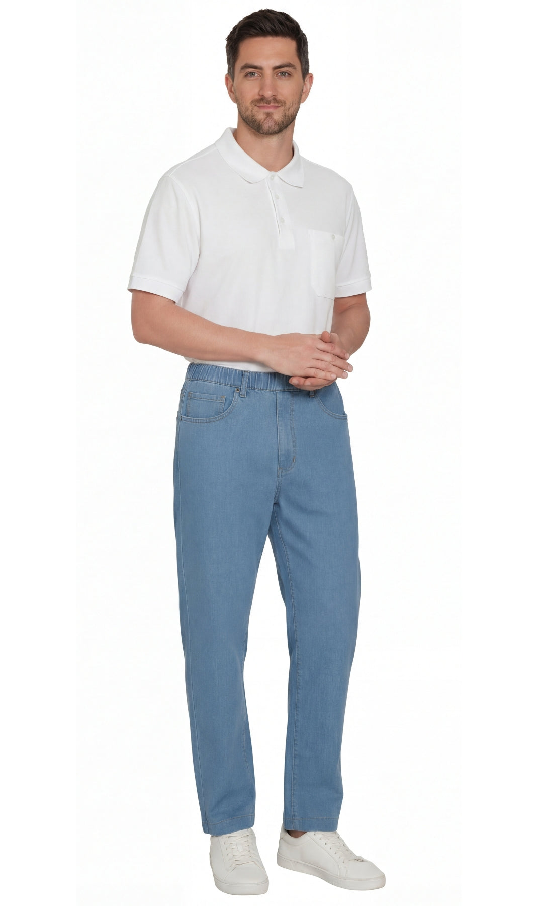 Men's Lightweight Casual Elastic Waist Pull-On Jeans – Denim & Twill Pants with Easy Fit