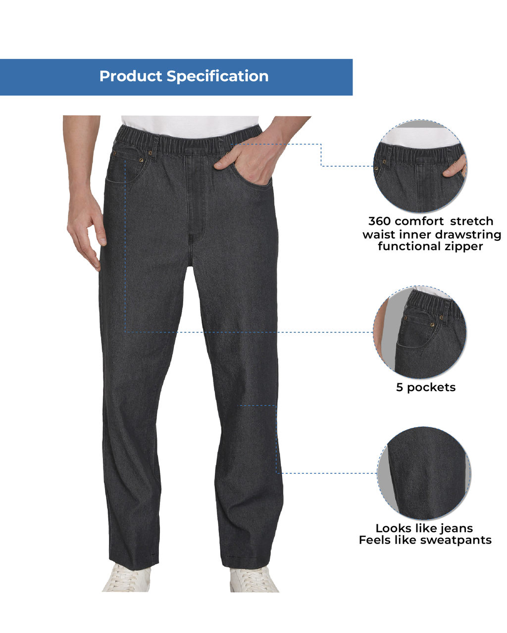 Men's Lightweight Casual Elastic Waist Pull-On Jeans – Denim & Twill Pants with Easy Fit